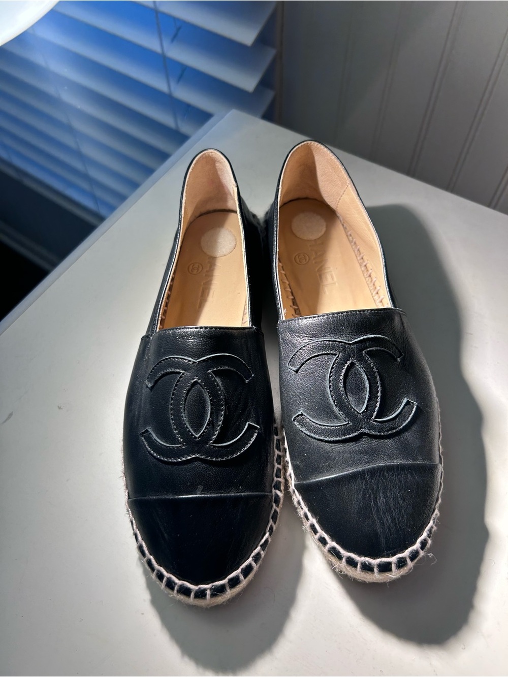 CHANEL Black Leather Logo Espadrille Slip-Ons - Picture 2 of 6